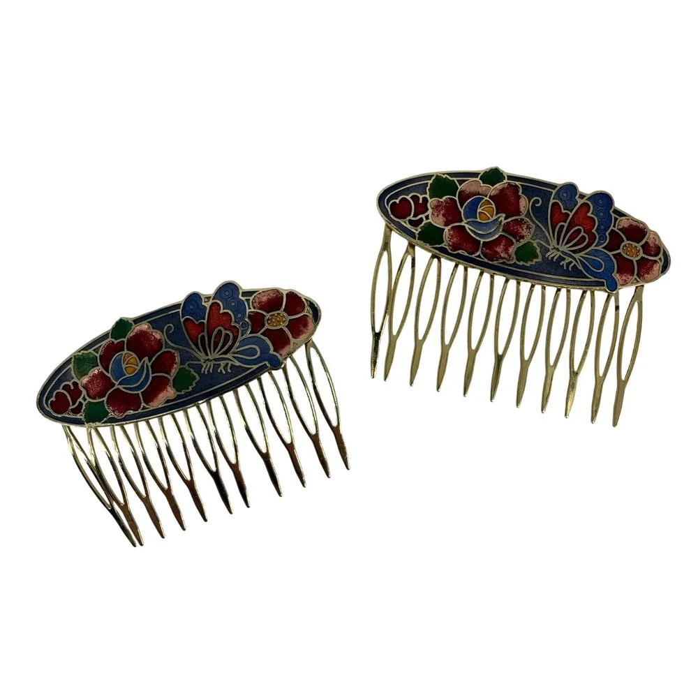 Vintage Cloisonne Enamel Floral Butterfly Hair Combs Gold Tone Blue Red 2pc Set